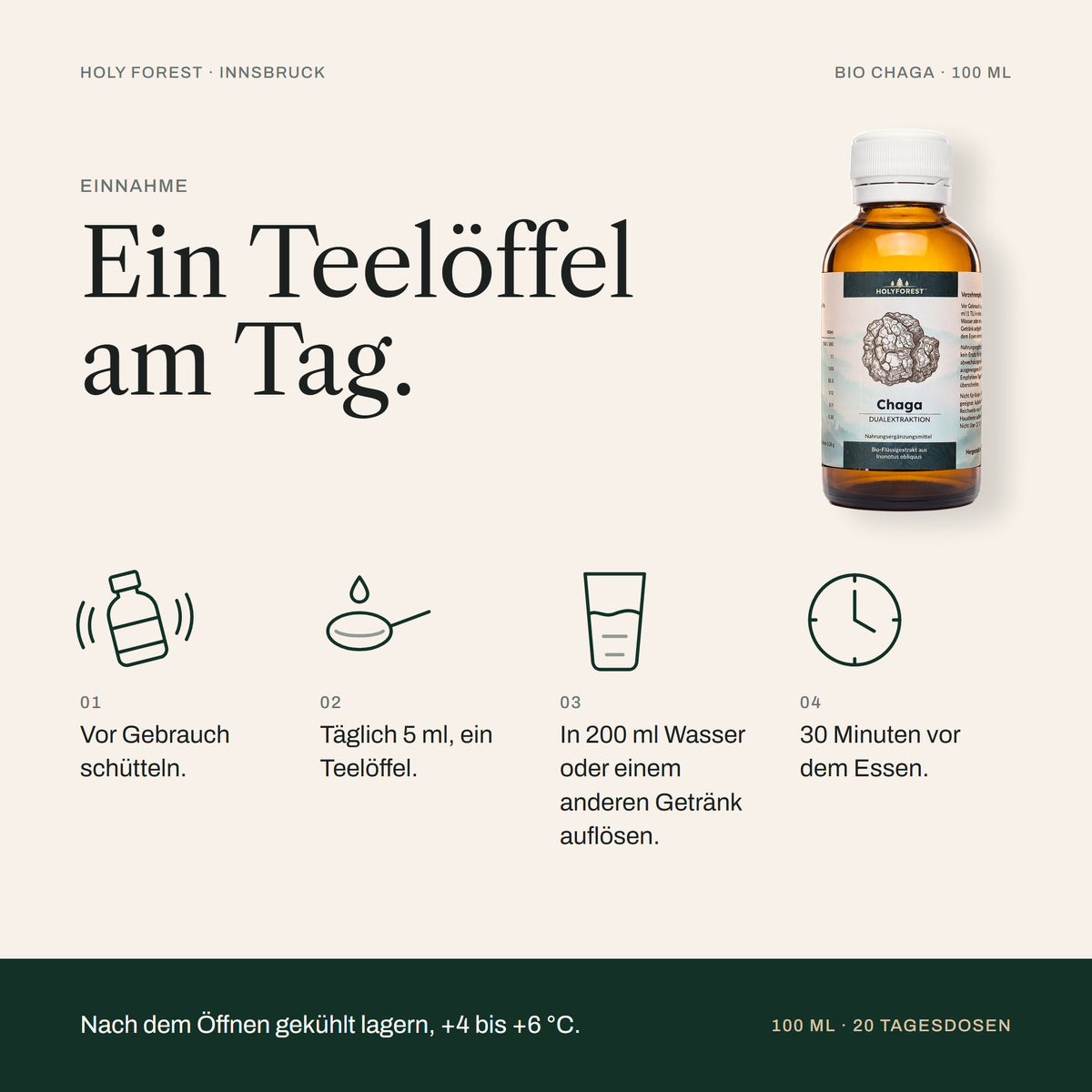 Bio Chaga – Einnahme: täglich 5 ml in einem Glas Wasser, 30 Minuten vor dem Essen