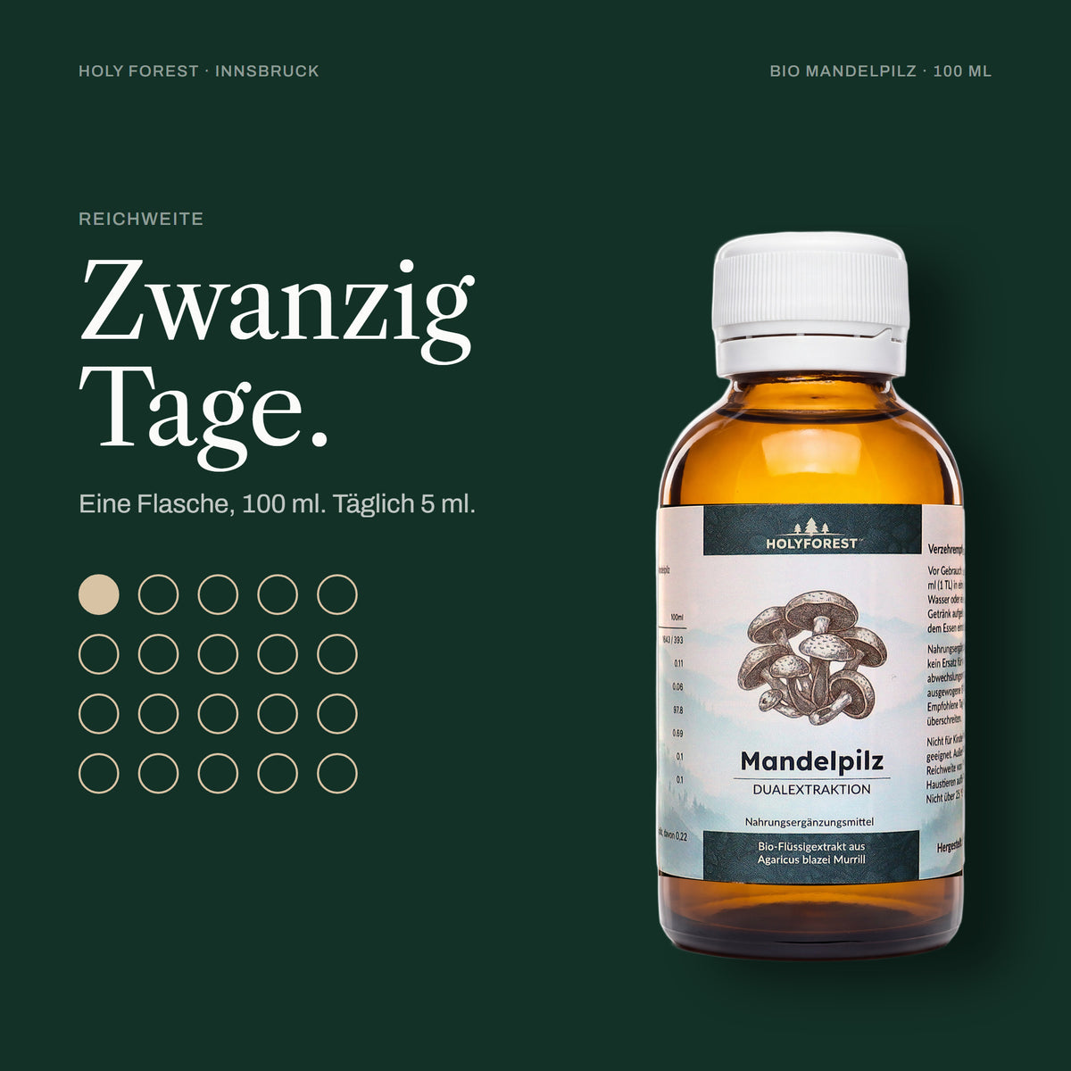 Bio Mandelpilz – eine Flasche reicht für 20 Tage