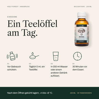 Bio Shiitake – Einnahme: täglich 5 ml in einem Glas Wasser, 30 Minuten vor dem Essen