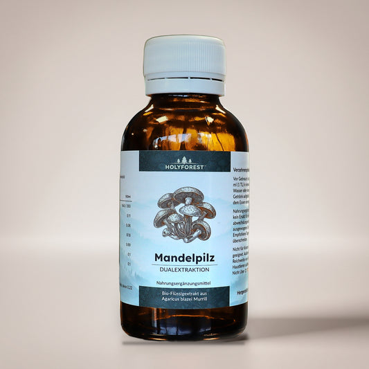 Bio Mandelpilz – Glasflasche mit Etikett