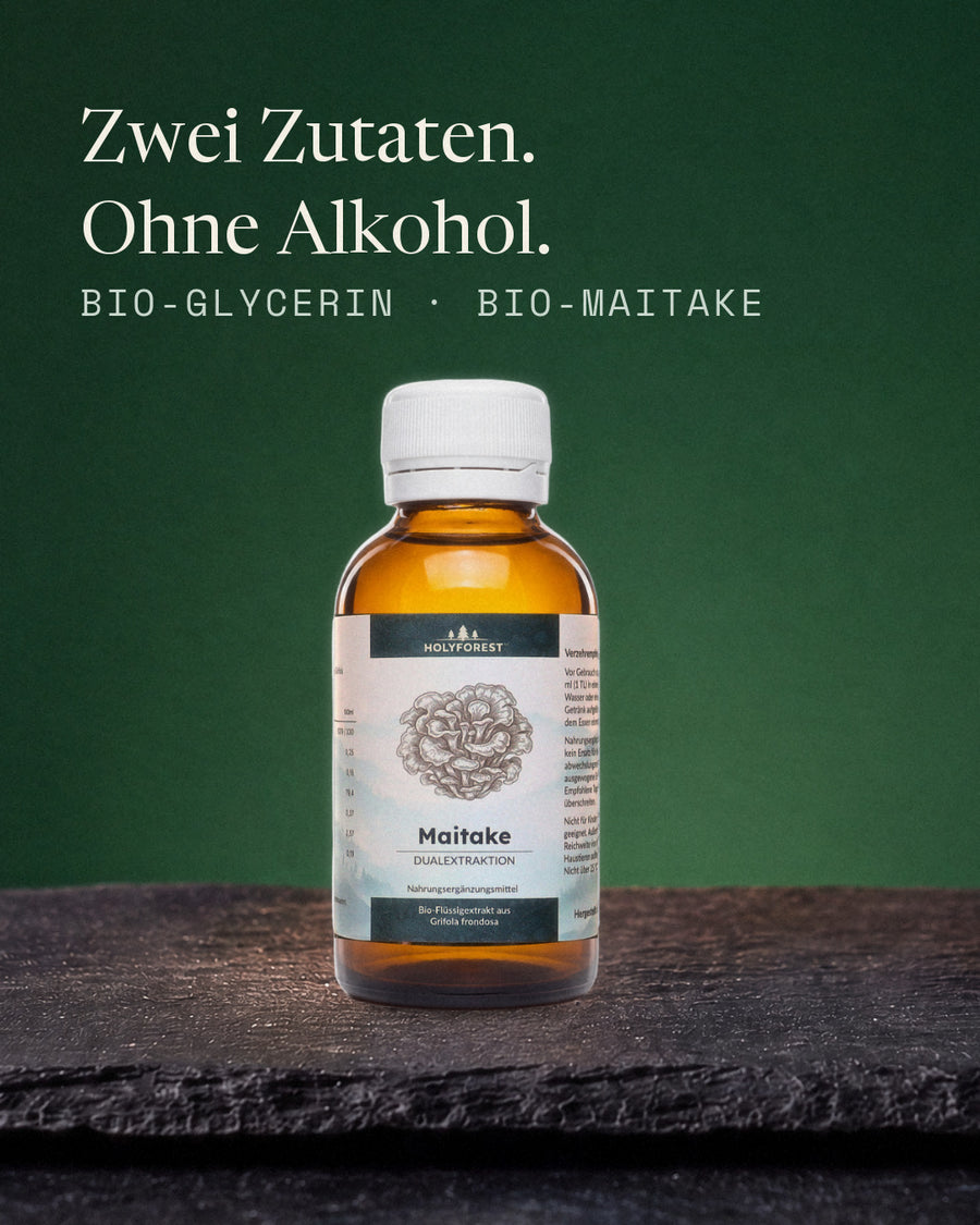 Bio Maitake, 100 ml Braunglasflasche auf Schiefer. Zwei Zutaten, ohne Alkohol.