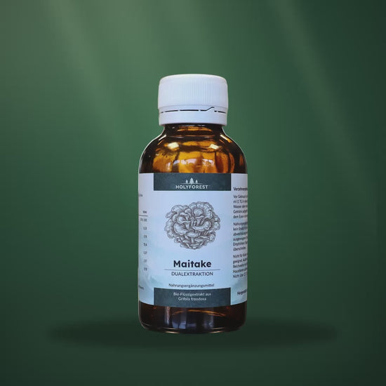 Bio Maitake – Glasflasche im Waldlicht