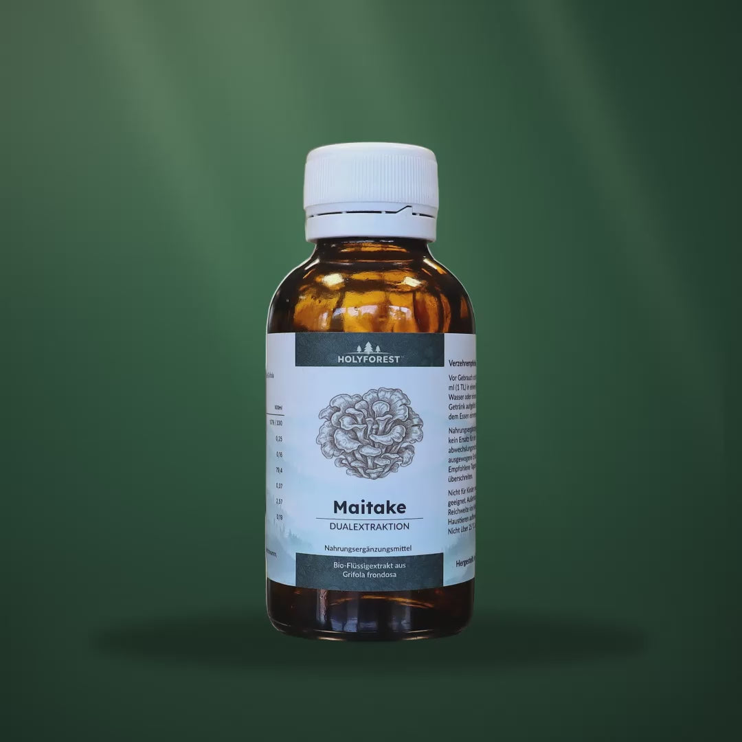 Bio Maitake – Glasflasche im Waldlicht