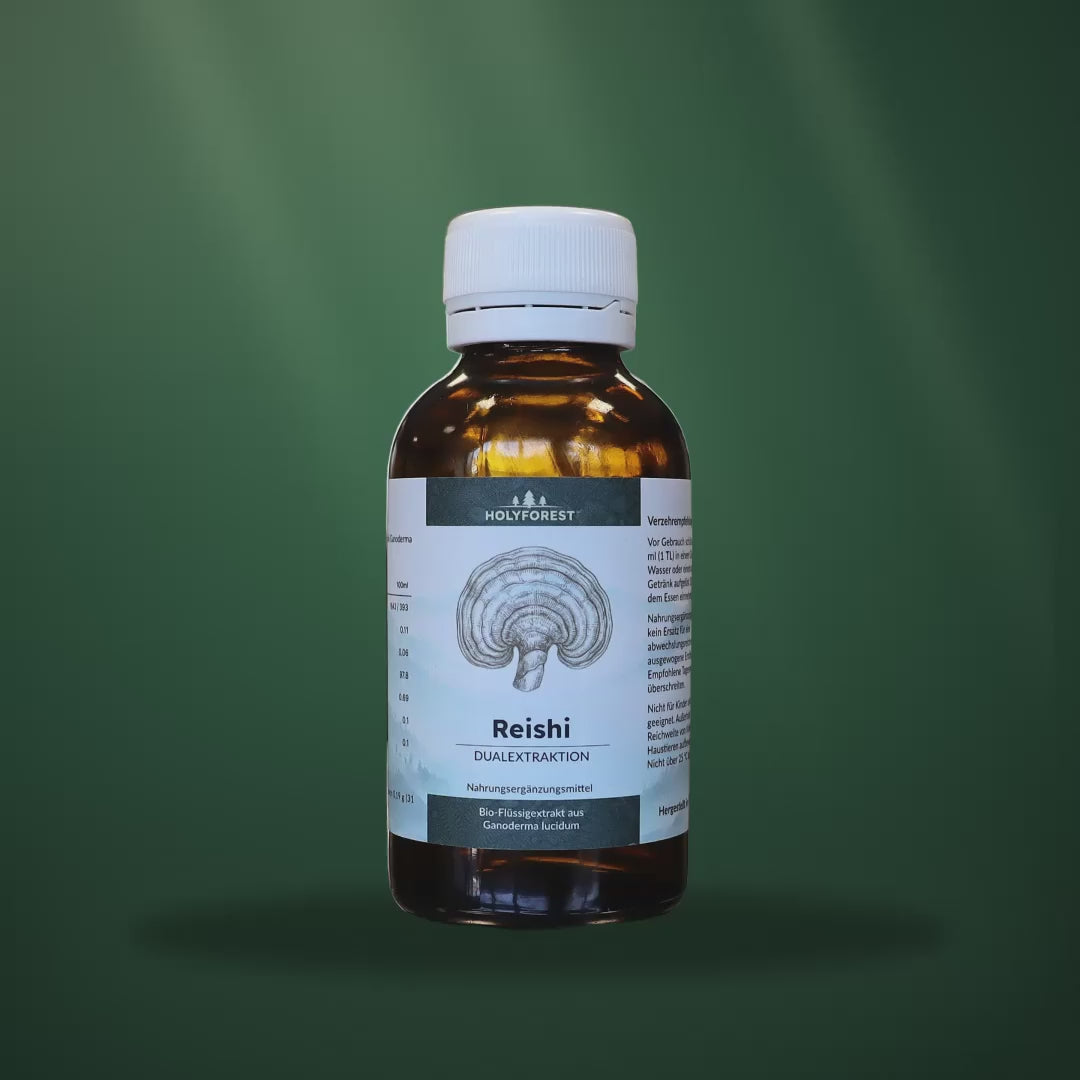 Bio Reishi – Glasflasche im Waldlicht